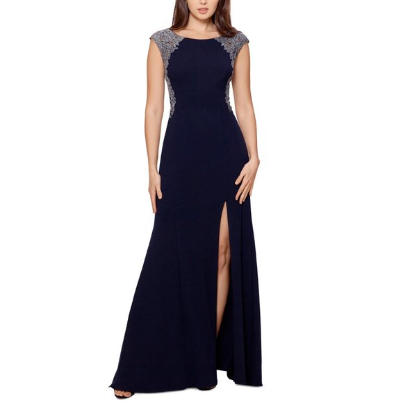 XSCAPE Womens Metallic Floral Lace Side Slit Cap Sleeve Gown Dress Size 4 Navy - Picture 4 of 9